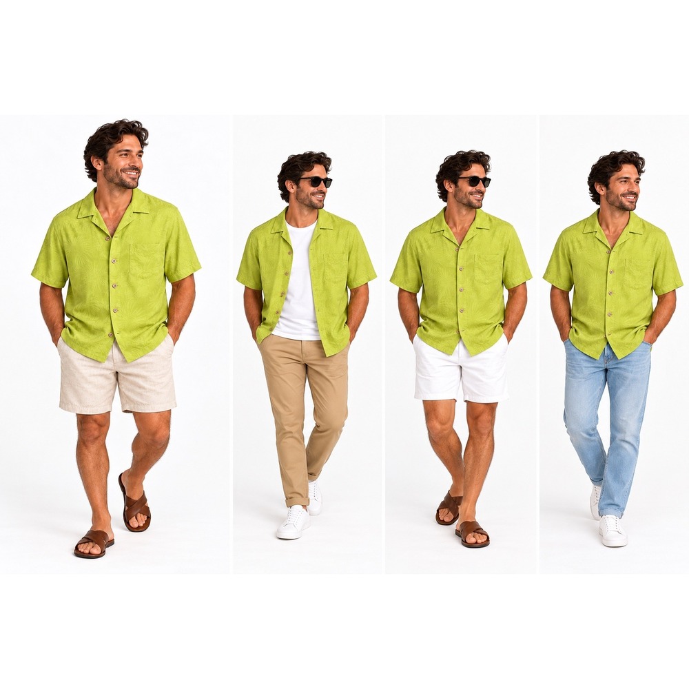 Tommy Bahama Camp Shirt Mens Large Lime Green 100% Silk Jacquard Palm Leaf Aloha